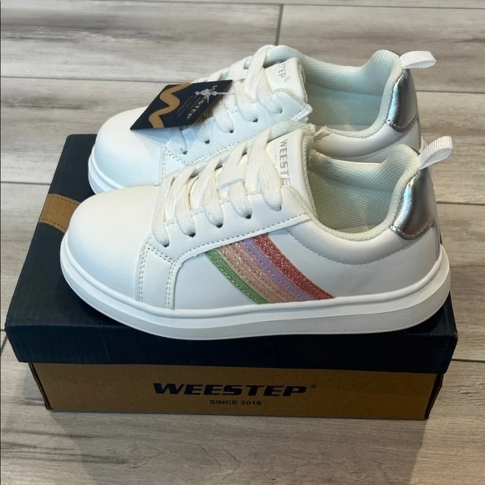Weestep Little Girls rainbow white EASY ON OFF sneakers size 11 NEW